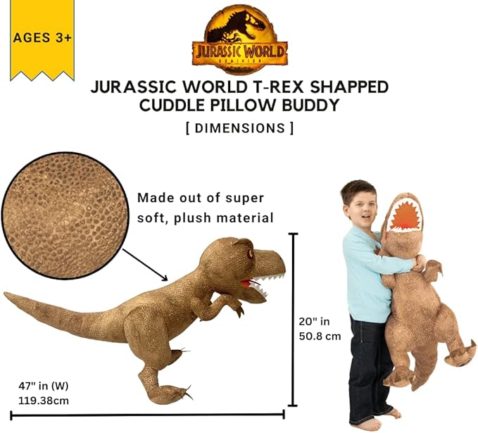 Jurassic World Dominion Kids Oversized Rexy Large Size 32 Inches Tall T-Rex Bedding Super Soft Plush Cuddle Pillow Buddy, By Franco