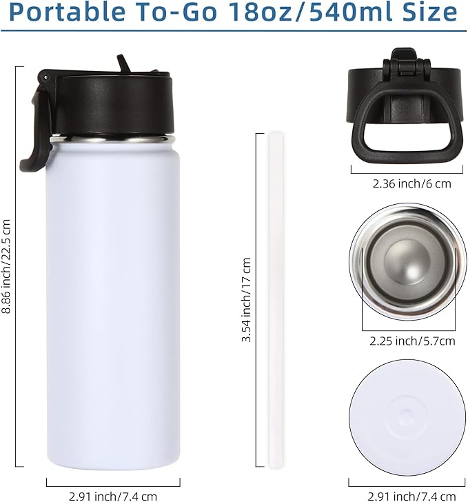 Volhoply 18oz Kids Insulated Water Bottle,Stainless Steel Water Bottles with Straw Lid,Wide Mouth Reusable Metal Water Bottle,Double Wall Vacuum Sports Travel Flask For Cold Drink(White,1 Set)