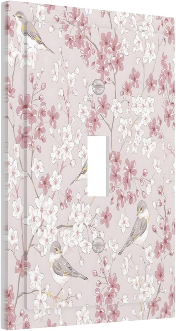 Pink Sakura Cherry Blossom Vintage Bird Floral Flower Decorative Light Switch Cover 1 Gang Single Toggle Device Electrical Faceplate Switchplates Decorator Outlet Wall Plate for Bedroom Living Room