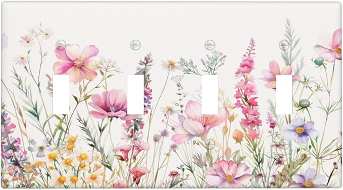 Pink Floral Wild Flowers Watercolor Plants Light Switch Covers Quad Toggle Electrical Faceplate 4 Gang Wall Plate Decorative Switch Plates Cover for Bedroom Living Room Decor