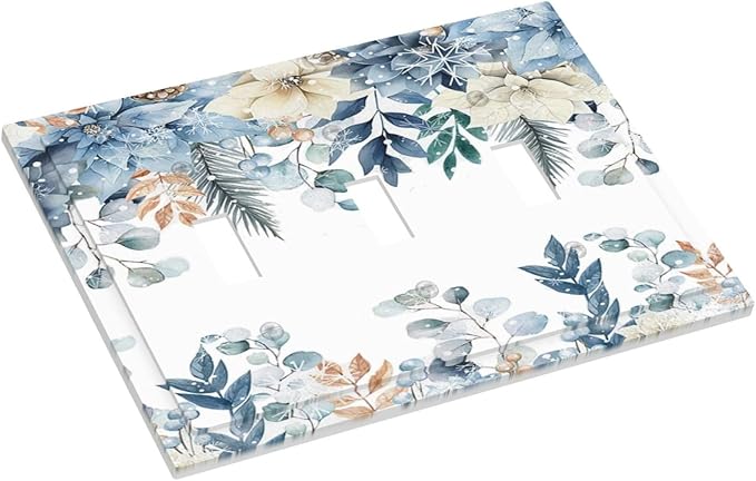 Blue Vine Snowflake Plants Leaves Floral Flowers Decorative Switch Plates 3 Gang Wall Plate Triple Toggle Light Switch Cover Faceplate Electrical Wall Panels for Bedroom Living Room Decor