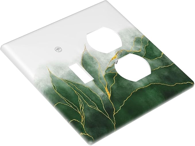 Outlet Covers Green Gold Leaf Marble Modern Abstract 2 Gang Decorative Switch Plates 1 Toggle Duplex Combo Light Switch Cover GFCI Socket Cover WallPlates for Kitchen Bathroom Decor