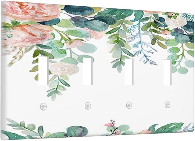 Green Eucalyptus Leaves Floral Watercolor Flower Light Switch Covers Quad Toggle Electrical Faceplate 4 Gang Wall Plate Decorative Switch Plates for Bed Room Living Room Decor