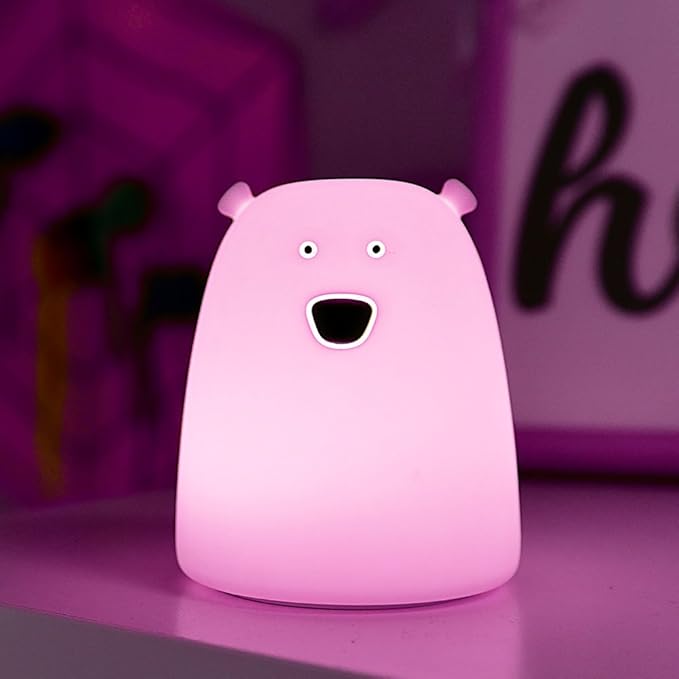 Portable Silicone LED Cartoon Night Light for Kids USB Rechargeable, Warm/White Light, 7-Color Changeable Light, Cute Children Night Lamp for Baby, Bedroom and Nursery (Bear)