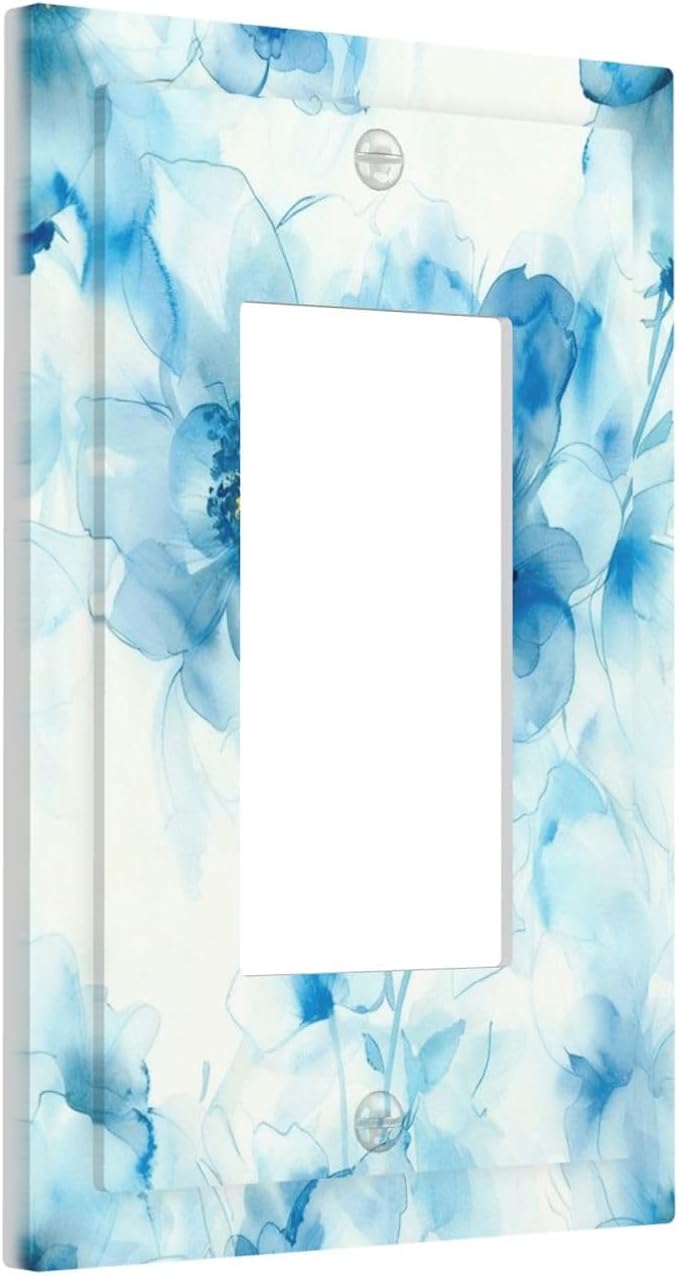 Watercolor Flower Blue White Large Floral Leaf Plants Decorative Outlet Covers 1 Gang Single Rocker Light Switch Cover Plate Wall Plates GFCI Faceplate for Bedroom Living Room Decor