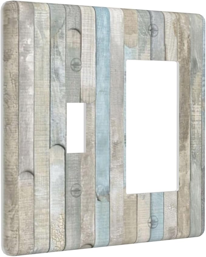 Country Rustic Teal Blue White Wood Plank Grain 2 Gang 1-Toggle 1-Rocker/Gfci Combination Light Switch Cover Kitchen Barn Wooden Decorative Combo Device Single Decorator/Toggle Outlet Wall Plate Cover