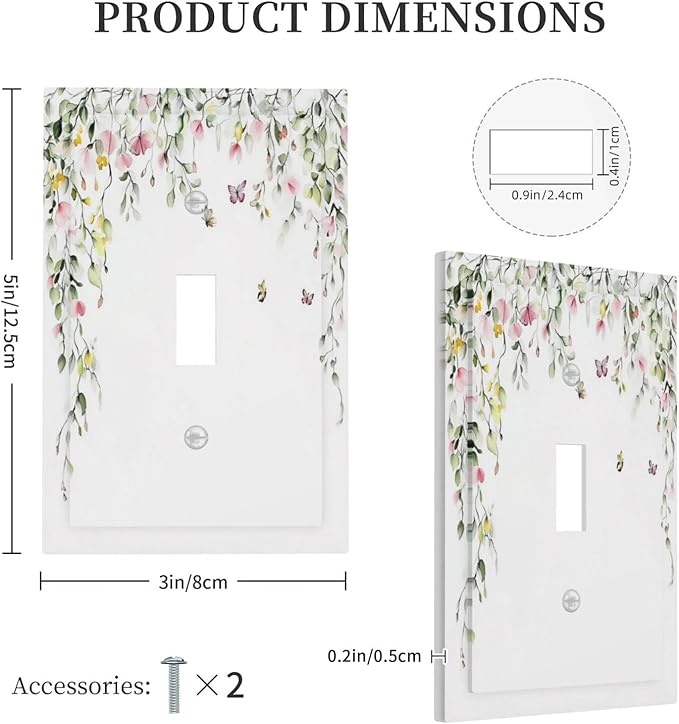 Watercolor Flowers Vine Colorful Butterfly Floral Decorative Light Switch Cover 1 Gang Single Toggle Device Electrical Faceplate Switchplates Decorator Outlet Wall Plate For Bed Room Living Room Decor