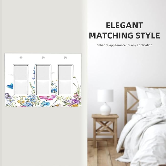 Light Switch Covers Boho Colorful Flowers Plants And Dragonflies 3 Gang Rocker Electrical GFCI Decorative Triple Outlet Wall Plate Cover Switchplate for Bedroom living Room Decor