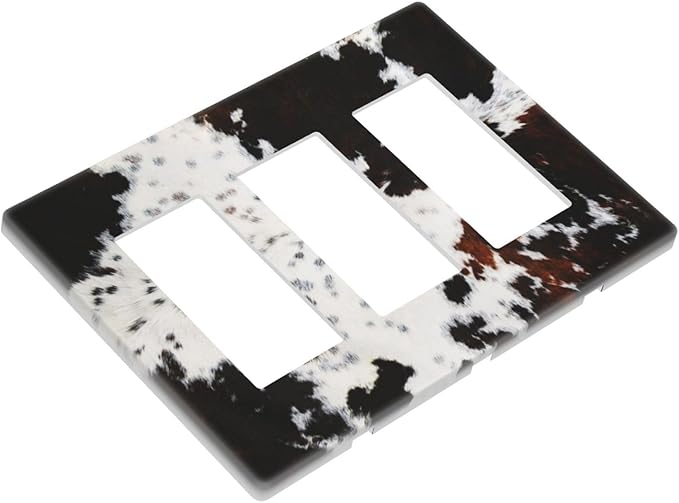 Western Black White Brown Cow Decorative 3 Gang Triple Decorator Light Switch Cover Highland Cowhide Wild Animal Fur Skin Spots Cheetah Leopard Print Three Device GFCI/Rocker Switch Face Wall Plate