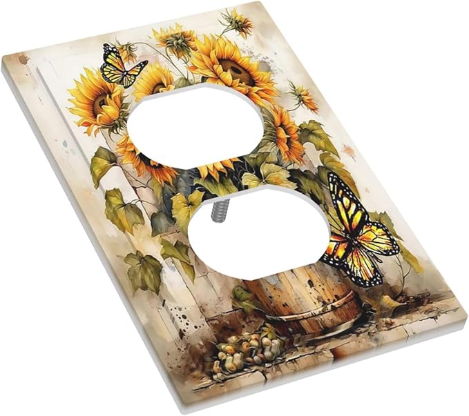 Outlet Covers Rustic Vintage Sunflower Bouquet Butterfly 1 Gang Duplex Electrical Receptacle Faceplate Light Switch Cover Wall Plate Decorative Switch Plates for Farmhouse Cabin Decor