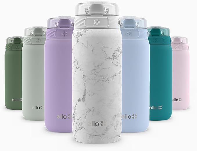 Ello Cooper 18oz Stainless Steel Water Bottle with Straw and Carry Handle, Double Walled and Vacuum Insulated Metal, Leak Proof Locking Lid with Soft Silicone Spout, Reusable, BPA Free, White Marble