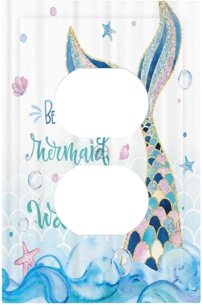 Mermaid Ocean Blue Waves Kids Girl 1 Gang Outlet Plate Decorative Single Duplex Wall Plate Covers Electrical Receptacle Light Switch Cover Art Faceplate Switchplate for Kidroom Bathroom Decor