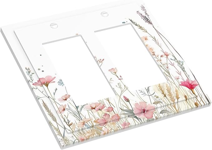 Watercolor Wildflower Pink Flower Plant Floral Decorative Outlet Covers 2 Gang Double GFCI Rocker Electrical Wall Panels Light Switch Cover Plate for Bedroom Living Room Decor