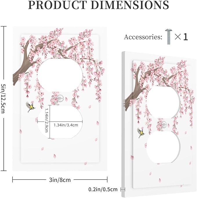 Pink Flower Tree Branch Cherry Blossom Tree Floral Birds Outlet Covers 1 Gang Duplex Light Switch Cover Decorative Switch Plates Electrical Receptacle Faceplate Wall Plate for Bedroom Living Room