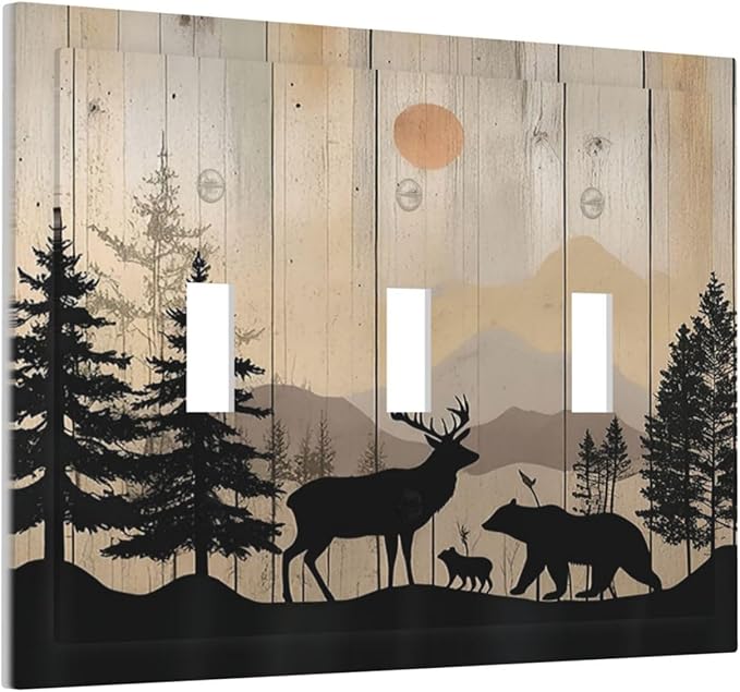 Decorative Switch Plates Wood Board Wildlife Cute Bear Deer Forest Rustic 3 Gang Wall Plate Triple Toggle Light Switch Cover Faceplate Electrical Wall Panels for Bathroom Farmhouse Decor