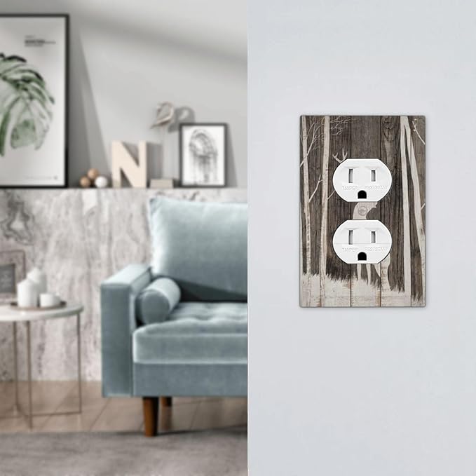 Vintage Wood Forest Deer Wildlife Animal Silhouette Outlet Covers 1 Gang Duplex Light Switch Cover Decorative Switch Plates Electrical Receptacle Faceplate Wall Plate for Farmhouse Home Decor