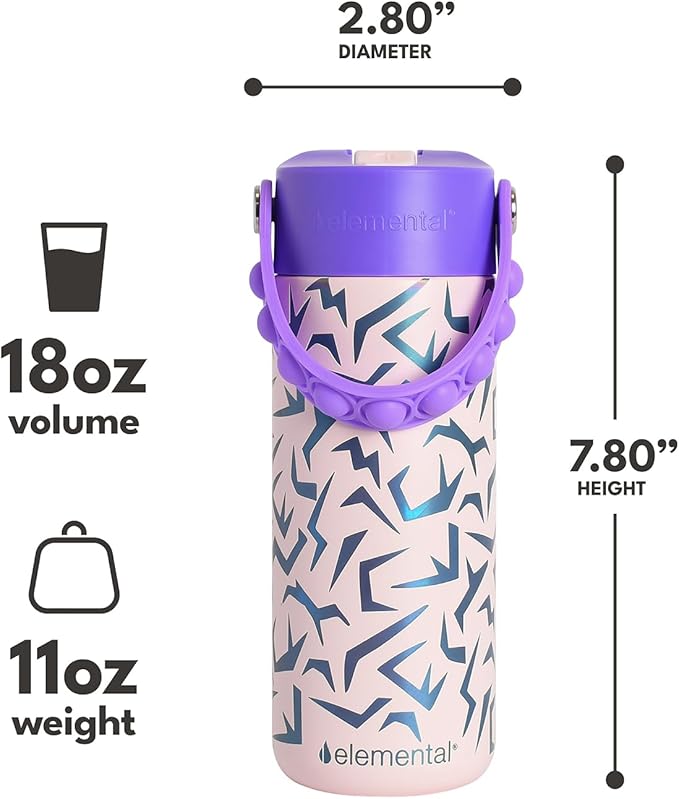 Elemental Insulated Kids Water Bottle, Stainless Steel Water Bottle with Straw Lid & Pop-It Handle, Leak-Proof Water Bottles for School, Boys or Girls, Travelling and Sports, 18oz - Light Patterns