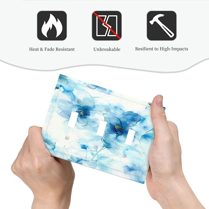 Watercolor Flower Blue White Large Floral Leaf Plants Decorative Switch Plates 3 Gang Wall Plate Triple Toggle Light Switch Cover Faceplate Electrical Wall Panels for Bedroom Living Room Decor