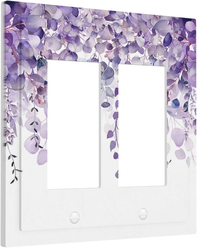 Purple Plants Leaves Eucalyptus Vine Floral Flowers Decorative Outlet Covers 2 Gang Double GFCI Rocker Electrical Wall Panels Light Switch Cover Plate for Bedroom Living Room Decor