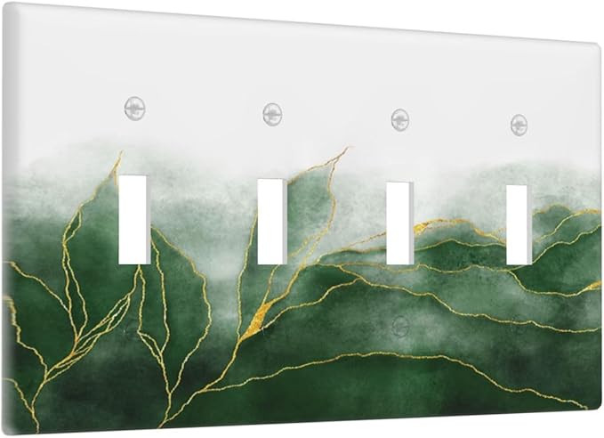 Light Switch Cover Plate Green Gold Leaf Marble Modern Abstract 4 Gang Quad Toggle Decorative Switch Plates Wall Panels Electrical Wall Plates Faceplate for Kitchen Bathroom Decor