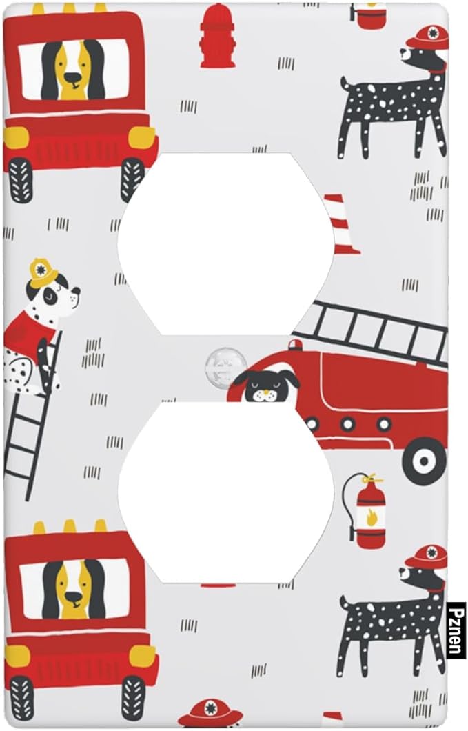 Cute Cartoon Fireman Outlet Cover, Firefighter Fire Truck 1-Gang Duplex Receptacle Wall Plate for Boys Bedroom Playroom Bathroom Decor