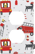 Cute Cartoon Fireman Outlet Cover, Firefighter Fire Truck 1-Gang Duplex Receptacle Wall Plate for Boys Bedroom Playroom Bathroom Decor