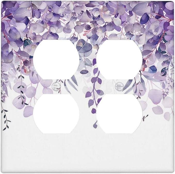 Purple Plants Leaves Eucalyptus Vine Floral Flowers Outlet Covers 2 Gang Double Duplex Decorative Light Switch Covers Electrical Wallplates Socket Faceplate for Bedroom Living Room Decor