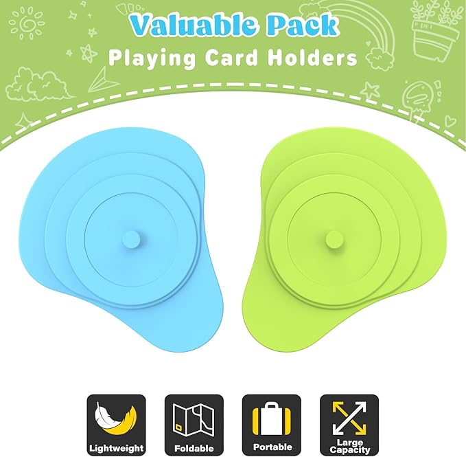 Playing Cards Holder for Little Hands Stocking Stuffer for Boy Girl UNO Game Nights, Poker, Canasta, Spite Malice, Playing Card Accessories for Family Gatherings & Travel, Set of 2 (Blue + Green)