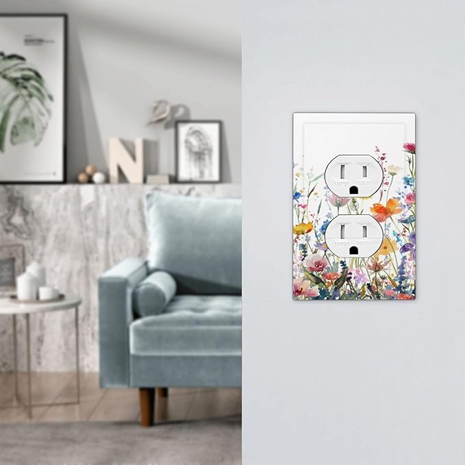 Watercolor Wildflowers Colorful Floral Plant Outlet Covers 1 Gang Duplex Light Switch Cover Decorative Switch Plates Electrical Receptacle Faceplate Wall Plate for Bedroom Living Room Decor
