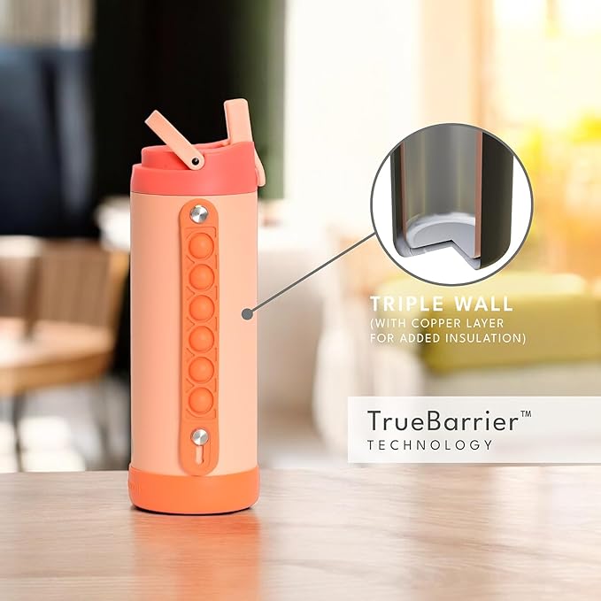 Elemental Iconic Kids Water Bottle for School - 100% Leak-Proof Insulated Water Bottles with Straw Lid & Pop-It Handle for Boys & Girls - Triple-Wall Insulated & BPA-Free, 14oz – Peach Sunrise