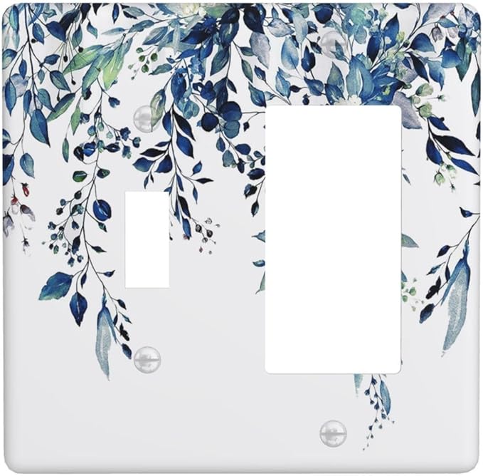 Blue Eucalyptus Watercolor Leaves 2 Gang Single Toggle Rocker Combination Light Switch Cover Green Plant Decorative Wall Plate Cover Electrical Faceplate for Bathroom Bedroom Kitchen Decorate
