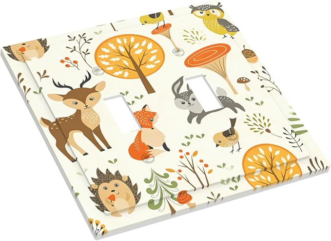 Cute Woodland Animals Double Toggle Switch Cover - 2-Gang Standard US Size Forest Pattern Trees Mushrooms and Berries Light Switch Covers for Boys & Girls Bedroom Decor