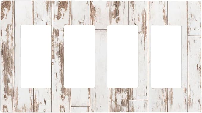 White Grey Wood 4 Gang Quad Rocker/Decor Light Switch Cover Plate Decorative Electrical Faceplate for Bathroom Room Decorate Jumbo Size Screwless 8.3" x 4.6