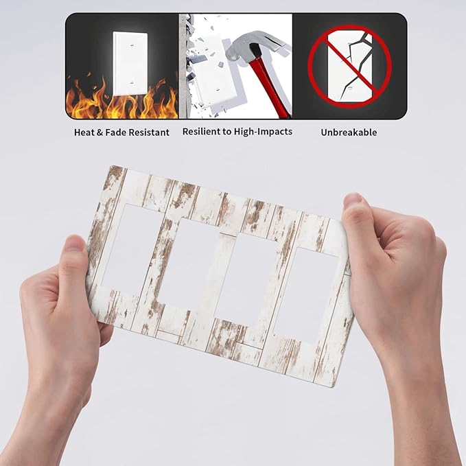 White Grey Wood 4 Gang Quad Rocker/Decor Light Switch Cover Plate Decorative Electrical Faceplate for Bathroom Room Decorate Jumbo Size Screwless 8.3" x 4.6