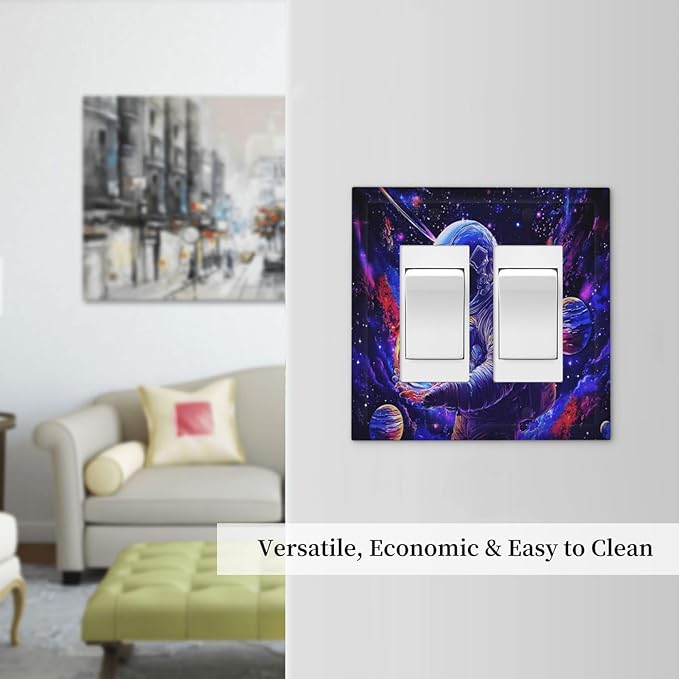 Astronaut Space Cool Galaxy Planet Decorative Outlet Covers 2 Gang Double GFCI Rocker Electrical Wall Panels Light Switch Cover Plate for Kids Room Nursery Decor