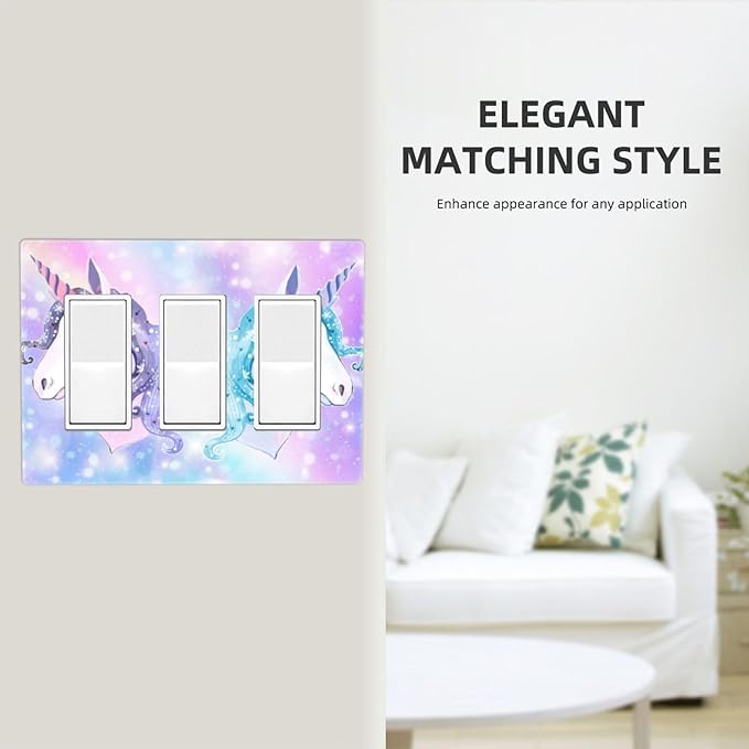 Cute Colorful Purple/Blue/Pink Rainbow Unicorn 3-Gang Rocker/Decorator Wall Plate Kid Girls Girly Dreamy Decorative Screwless Triple Device Light Receptacle GFCI Outlet Switch Faceplate Cover Dimmer