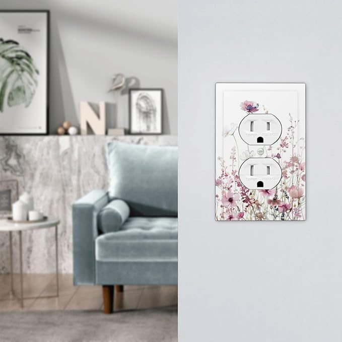 Floral Pink Watercolor Wildflowers Plant Flower Outlet Covers 1 Gang Duplex Light Switch Cover Decorative Switch Plates Electrical Receptacle Faceplate Wall Plate for Bedroom Living Room Decor
