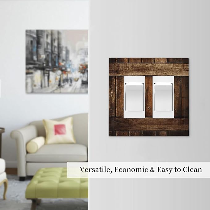 Brown Wooden Barn Door Old Wood Print Decorative Outlet Covers 2 Gang Double GFCI Rocker Electrical Wall Panels Light Switch Cover Plate for Farmhouse Home Decor