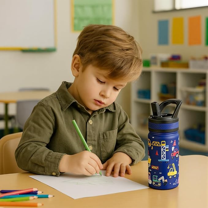 Fanhaw 14 Oz Kids Insulated Water Bottle with Straw - Stainless Steel Double Wall Vacuum Cup, Leakproof, BPA Free, Suitable for Boys and Girls(Cyan - Dinasours World)