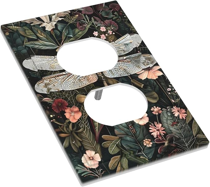 Vintage Dark Green Dragonfly Flowers Floral Botanical Outlet Covers 1 Gang Duplex Light Switch Cover Decorative Switch Plates Electrical Receptacle Faceplate Wall Plate for Farmhouse Home Decor
