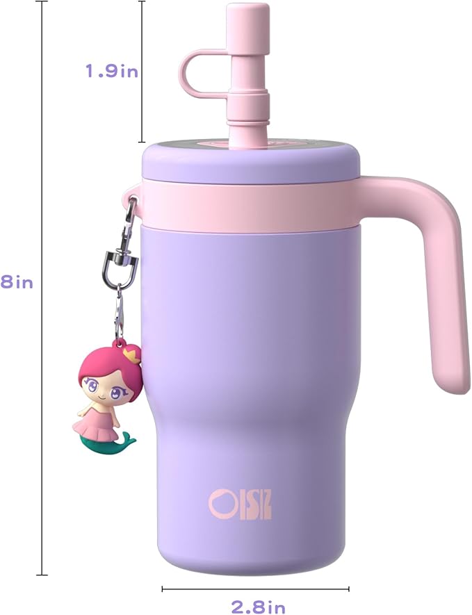 OISIZ 14oz Kids Tumbler with Straw Lid & Handle,Kids Cup with Animal Accessory for School,Kids Water Bottles with Dust-proof Cover,Leakproof Water Bottles,316 Stainless Steel,Keep Cold 24 Hours-purple