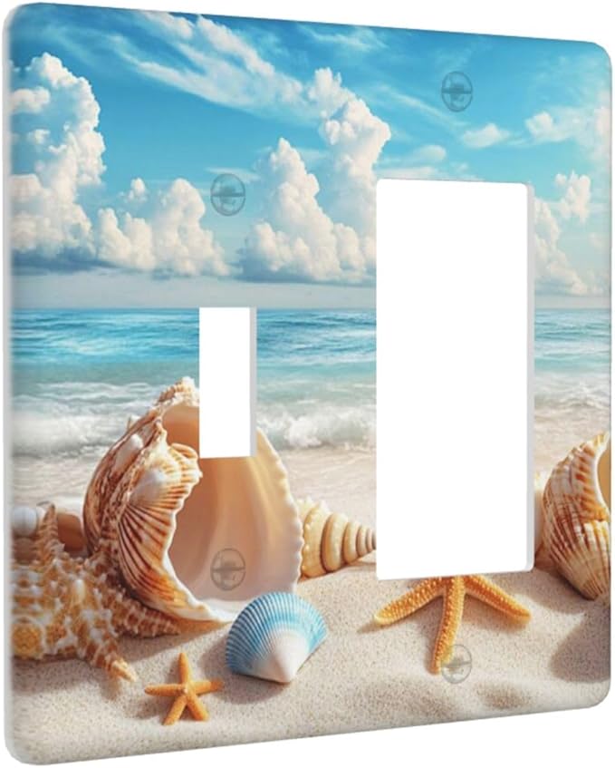 Beach Coastal Seashore Sea Starfish Shell Sand Outlet Covers 1 Toggle 1 Rocker Combination Decorative Wall Plate Electrical Switch Plates Light Switch Cover Plate for Bathroom Home Decor