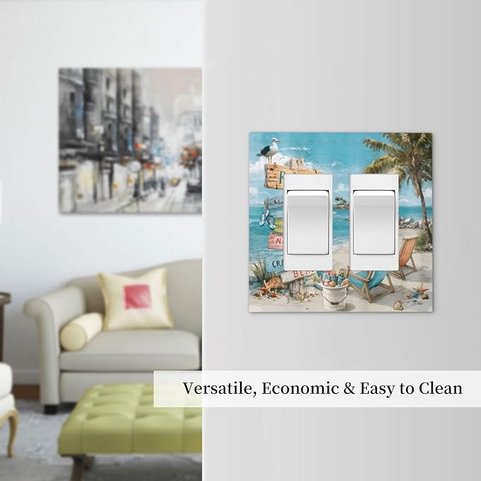 Ocean Beach Tropical Palm Tree Coastal Seaside Decorative Outlet Covers 2 Gang Double GFCI Rocker Electrical Wall Panels Light Switch Cover Plate for Kids Room Living Room Decor