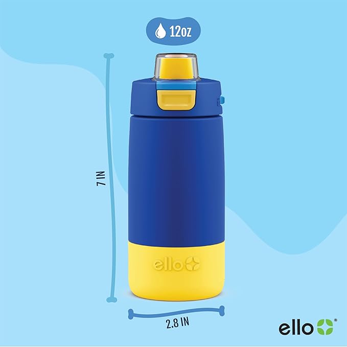 Ello Kids Colby 12oz Stainless Steel Insulated Water Bottle with Straw and Built-In Silicone Coaster Carrying Handle and Leak-Proof Locking Lid for School Backpack, Lunchbox, and Outdoor Sports