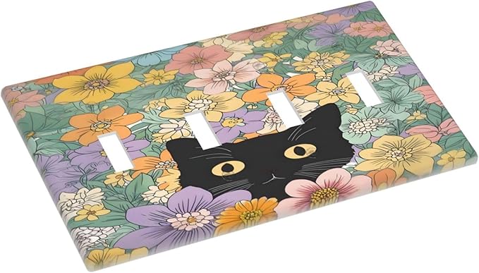 Light Switch Covers Funny Cute Cartoon Cat Floral Colorful Flower Quad Toggle Electrical Faceplate 4 Gang Wall Plate Decorative Switch Plates For Kids Room Nursery Decor