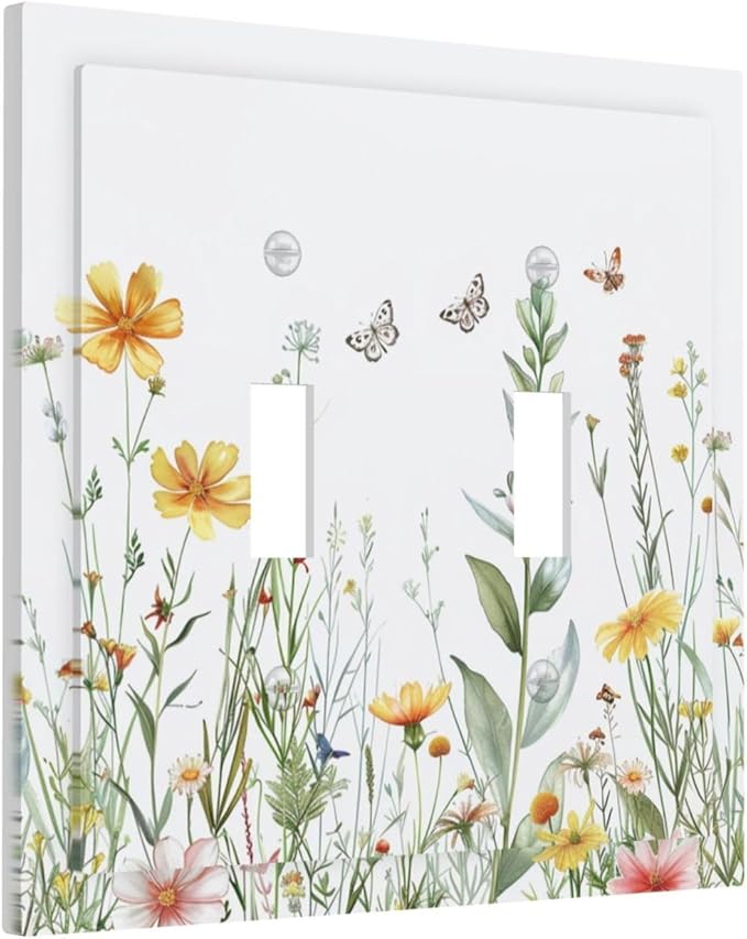 Light Switch Cover Plate Rustic Colorful Floral Butterfly Watercolor Flowers 2 Gang Double Toggle Decorative Switch Plates Plug Cover Wall Plates Electrical Faceplate for Bathroom Bedroom