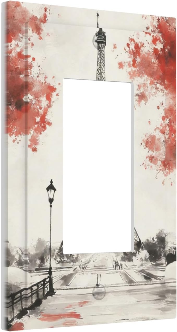 Parisian Watercolor Eiffel Tower Single Rocker Switch Cover - 1-Gang Standard US Size Paris Cherry Blossoms Romantic Light Switch Covers, Vintage French Watercolor for Bedroom Decor