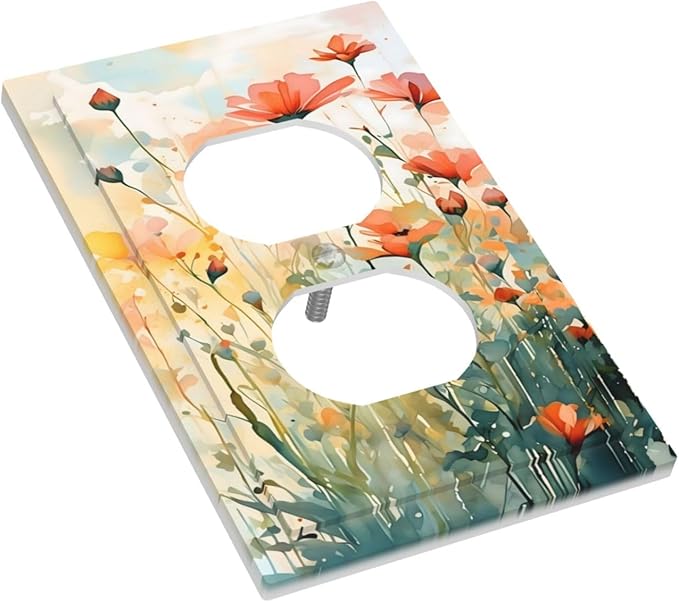 Vintage Red Orange Yellow Poppy Floral Flowers Outlet Covers 1 Gang Duplex Light Switch Cover Decorative Switch Plates Electrical Receptacle Faceplate Wall Plate for Bedroom Living Room Decor