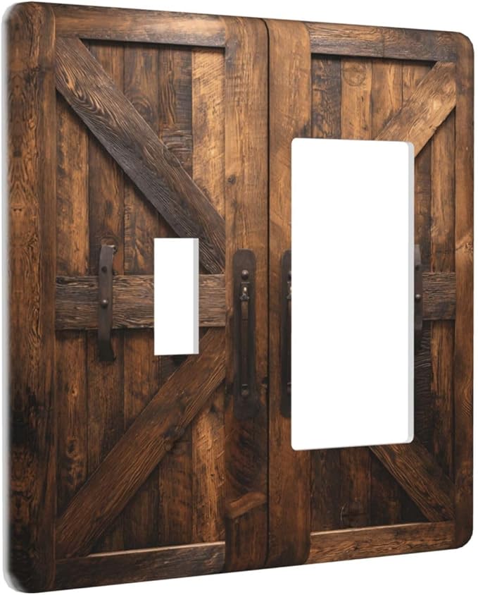 Decorative Outlet Covers Retro Brown Wood Barndoor 2 Gang Light Switch Cover Plate Single Toggle 1 Rocker Wall Plates for Electrical Switch Plate Covers for Farmhouse Home Decor