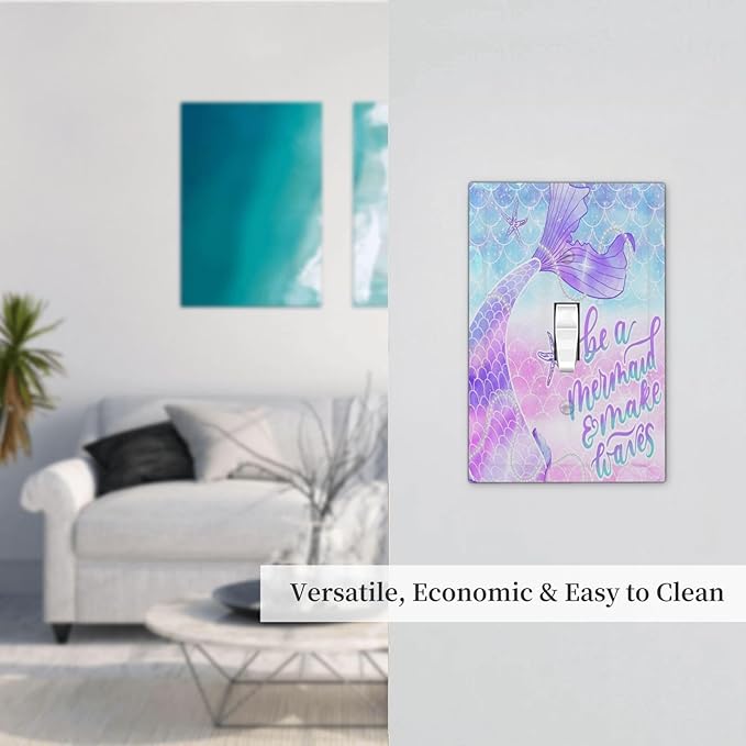 Colorful Girl Purple Pink Blue Fish Mermaid Scales Tail Quotes Undersea Ocean Theme 1 Gang Electrical Single Toggle Device Switch Wall Plate Jumbo Size Decorative Outlet Light Switch Cover Faceplate